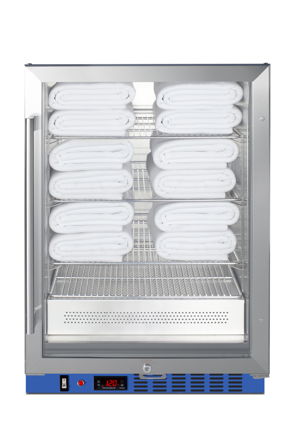 Undercounter single chamber passive heating blanket warmer with glass door, stainless steel interior and exterior, digital thermostat, and lock